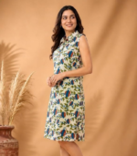 Kalamkari Print Sleeveless Kurti, Shirt Collar Kurta Dress