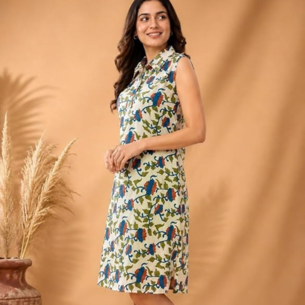Kalamkari Print Sleeveless Kurti, Shirt Collar Kurta Dress
